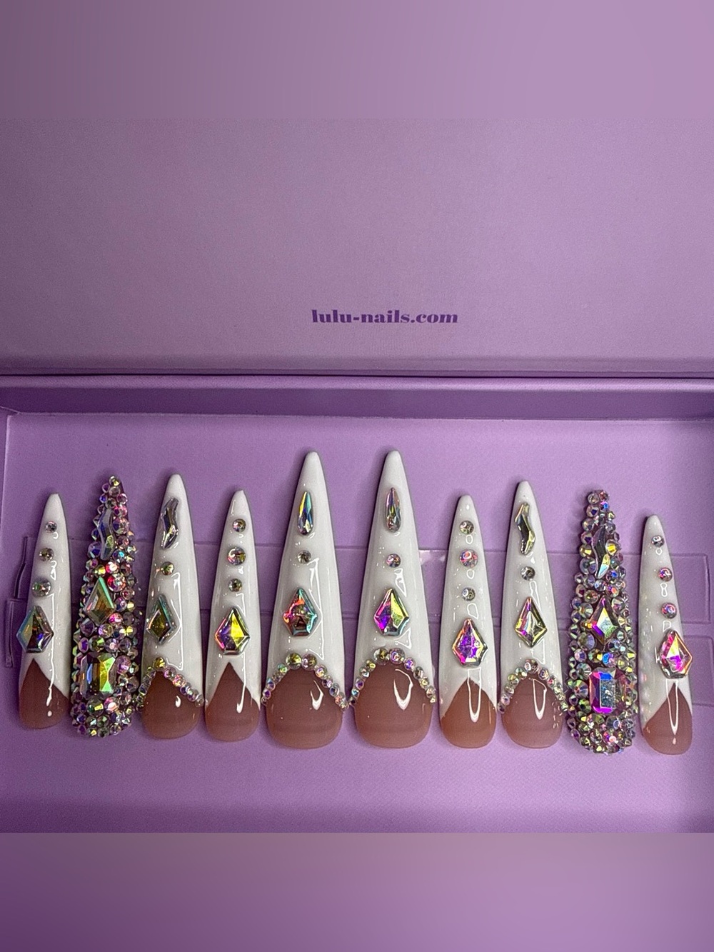 Lulu Nails White & Nude Stiletto Rhinestone Press-On Set